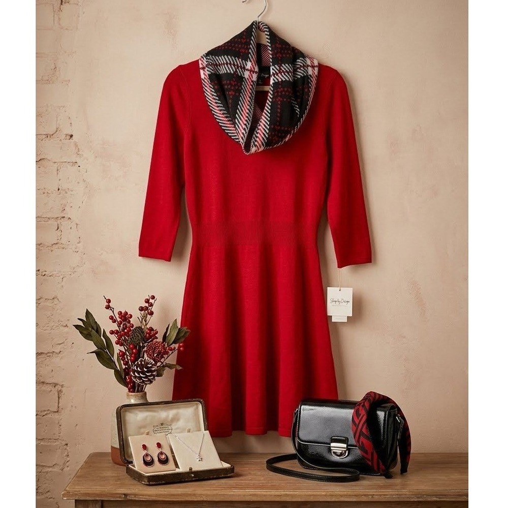 by & by Red Long Sleeve Dress with Plaid Collar‎ size L